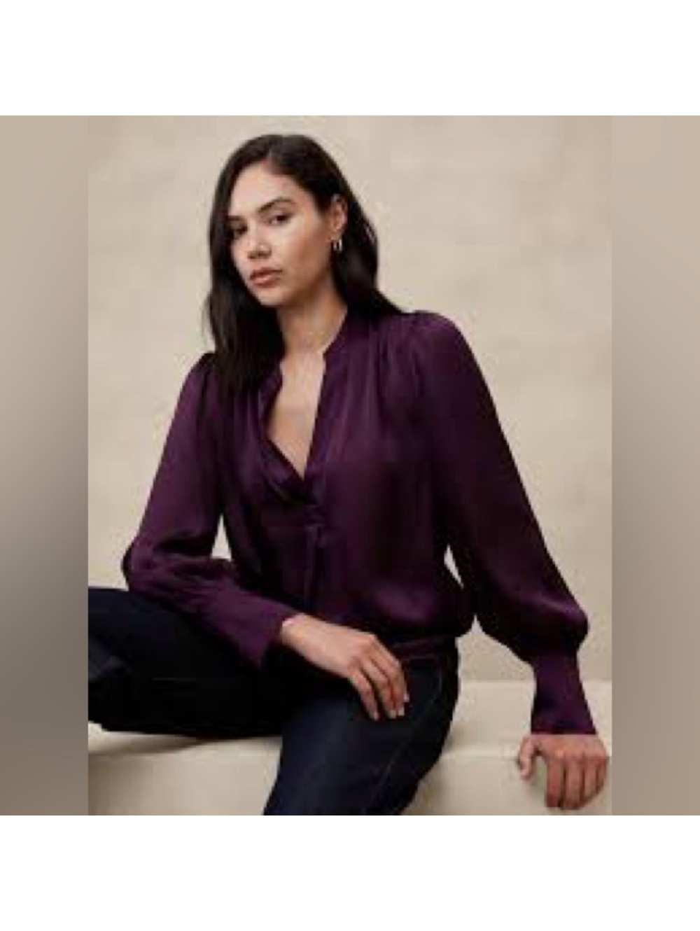 Banana Republic Factory Plum Satin Crinkle Blouse Petite XS Volume Sleeve